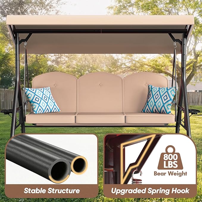 3 Seat Outdoor Porch Patio Swing with Stand 800lbs 2-in-1 Convertible Swing Bed with Adjustable Canopy & Removable Cushion for Yard Garden Deck (Khaki, Round Tube)