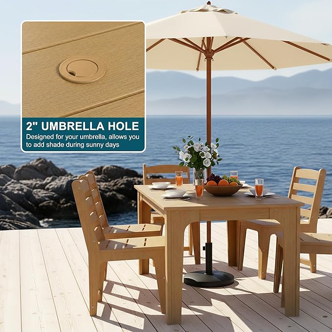HDPE Patio Dining Set for 6, Weather-Resistant Outdoor Table with Umbrella Hole, Never Sagging One-Piece Tabletop with Metal Support Bars for Poolside Backyard Garden (Teak Color)