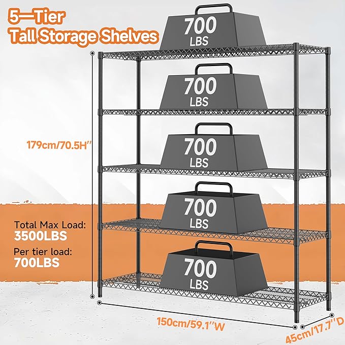 3500LBS 59" W 5 Tiers Storage Shelves, Metal Shelving Wire Metal Shelving Unit Shelves for Storage Adjustable Garage Shelving for Pantry Kitchen Garage Black 17.7" D x 59.1" W x 70.4" H