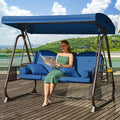 3 in 1 Outdoor Porch Swing with Adjustable Canopy, 3 Seat Outdoor Swing for Adults, Patio Swing Chair with Thickened Cushions,Pillows & Cup Holders for Backyard, Porch, Garden (Blue)