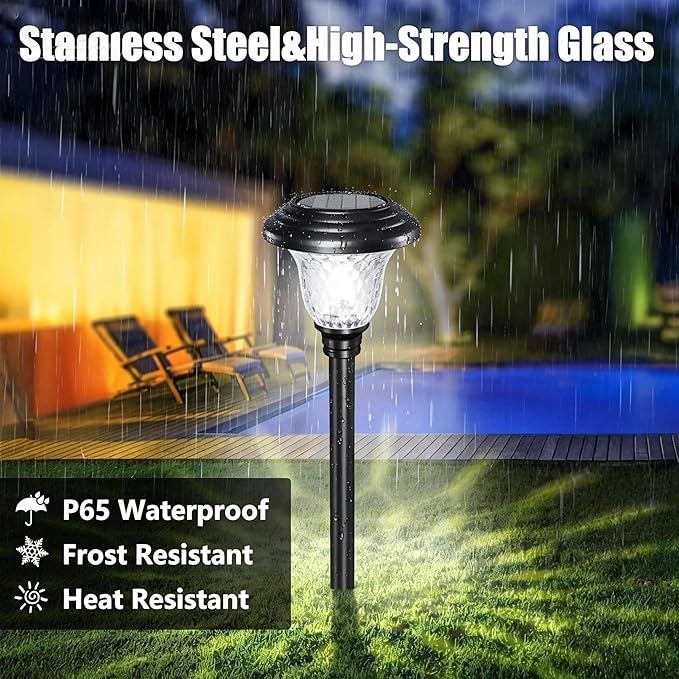 Beau Jardin 8 Pack Solar Pathway Lights White+Color Changing Stainless Steel 3 Mode Outdoor Multicolor Metal Solar Powered Waterproof Glass for Garden Landscape Path Yard Walkway Driveway Black