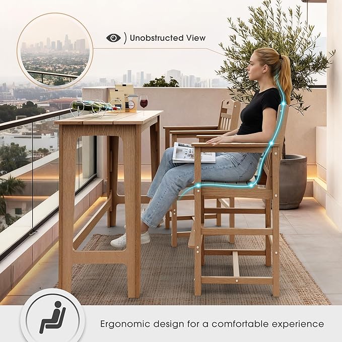 Ciokea Heavy Duty Bar Height Chair, 380lbs Outdoor Adirondack Tall Bar Chair Patio Stool with Arms & High Back, Heavy Duty All-Weather for Balcony, Poolside, Deck and Garden, Teak