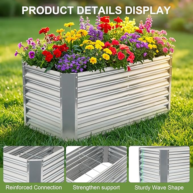 4x2x2ft (2 Pack) Raised Garden Bed - Galvanized Deep Root Planter Boxes Outdoor with Wing Nuts and Safety Edges for Gardening Vegetables, Flowers, Herbs, Succulents - Silver
