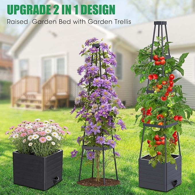 4 Pack Raised Garden Bed Planter Box with Trellis, 57" Self-Watering Tomato Cage Planters for Climbing Plants Vegetable Vine Flowers Outdoor & Indoor (57x9.8x9.8IN)