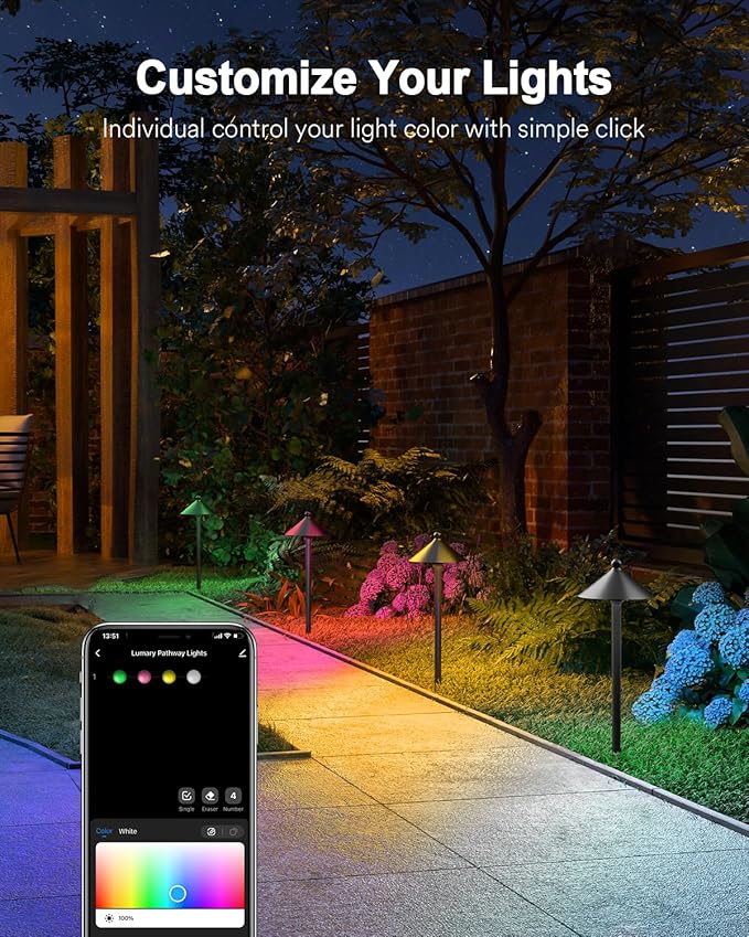 Lumary Smart Low Voltage Pathway Lights 24V 2000LM, Landscape Path Lights with RGBAI Color Changing, App/Remote Control, IP65 Waterproof Walkway Lights for Yard Driveway Garden, 4 Pack, Black Aluminum