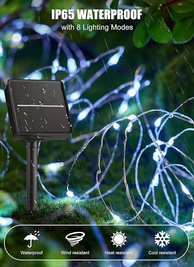 Brightown Outdoor Solar String Lights, 2 Pack 33 Feet 100 Led Solar Powered Fairy Lights with 8 Modes Waterproof Decoration Copper Wire Light for Patio Yard Trees Christmas Wedding Party (Pure White)