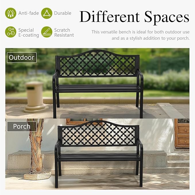 Sophia & William Outdoor Bench, 50 inches Metal Garden Bench, Cast Iron Park Benches for Outside with Floral Backrest and Straight Legs for Porch Yard Lawn Deck,Black