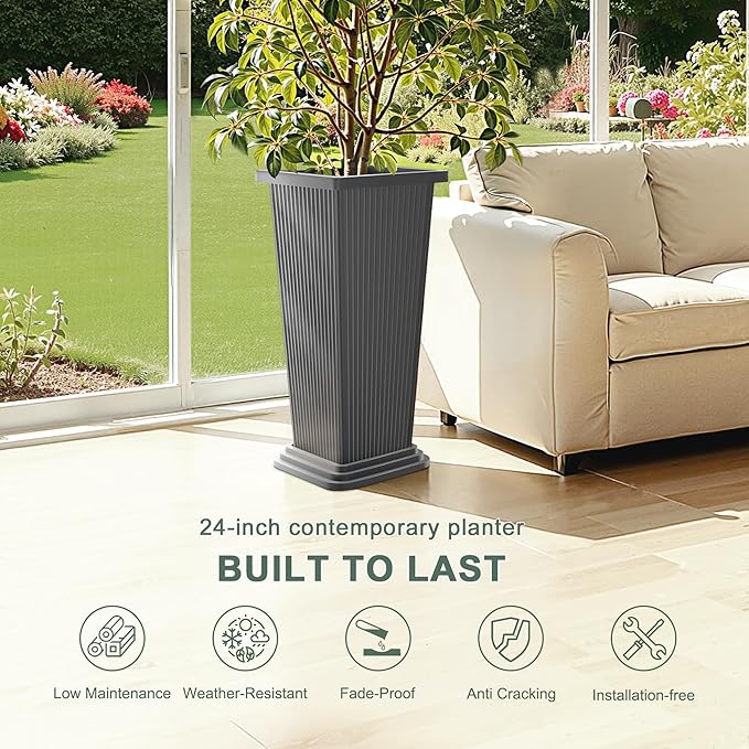 Set of 2 Tall Planters with Drainage Tray, 24 Inch Large Flower Pots for Indoor Outdoor Plants Mordern Planter Weather-Resistant for Patio, Front Door Decor, Garden (Gray Ribbed)
