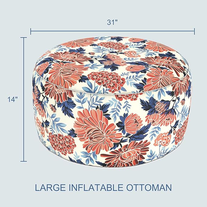 LVTXIII Indoor/Outdoor Extra Large Inflatable Ottoman Pouf D31 x H14 Inch, Round Footstool with Handle, Weather-Resistant Portable Furniture for Patio, Camping, Beach, Vibrant Blossom