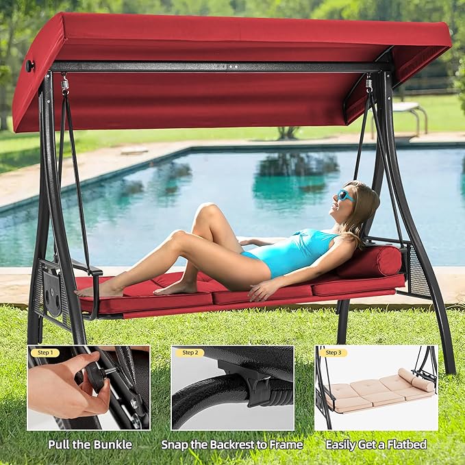 HOMREST 3 Seat Outdoor Porch Swing with 1.5" Deepened Cup Holder, Adjustable Canopy, Patio Swing Bed with Stand, Patio Glider Swing with Thicken Cushions, Pillow for Yard, Garden(Wine Red)