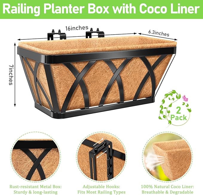 Riare 2 Pack 16 Inch Metal Railing Planter Window Box with Coco Liner- Adjustable Window Flower Boxes for Railings, Hanging Rail Planters for Deck, Balcony, Porch, Fence, Indoor Outdoor Plants
