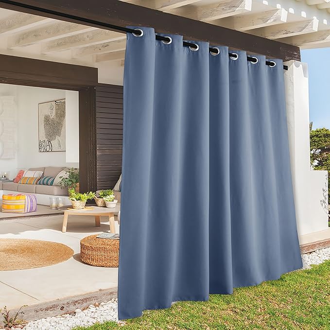 RYB HOME Extra Wide Outdoor Curtains for Patio Waterproof Heavy Duty Thermal Insulated in Summer Full Coverage Privacy for Porch, Gazebo & Pergola, W100 x L84, Stone Blue, 1 Panel