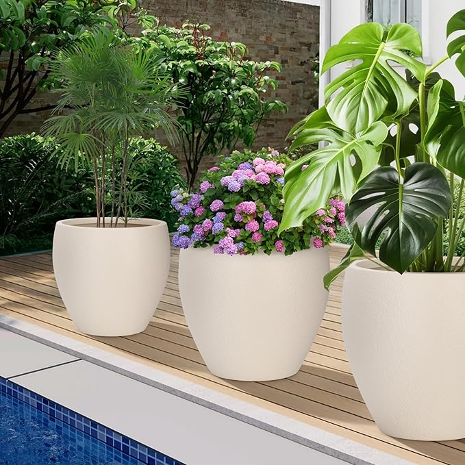 Plant Pots 17.5/14.8/12.2 inch Set of 3, Flower Pots with Drainage Holes, Large Planters for Indoor Outdoor Garden Plants and Flowers. (Light Beige)