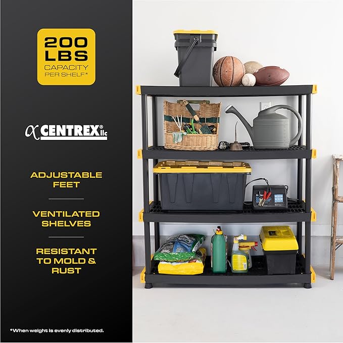 CX Black & Yellow, 4-Tier Heavy Duty Plastic Storage Shelves that Support up to 200lbs/shelf, Organization and Storage, Weather-Resistant Design, Easy Assembly (55"H x 48"W x 20"D)