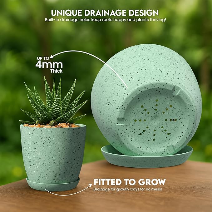 Utopia Home - Spotty Plant Pots Indoor with Drainage - 7/6.6/6/5.3/4.8 Inches Flower Pots - 5 Pack Plastic Planters - Ideal for Stocking Stuffers - (Speckled Mint, Pack of 5)