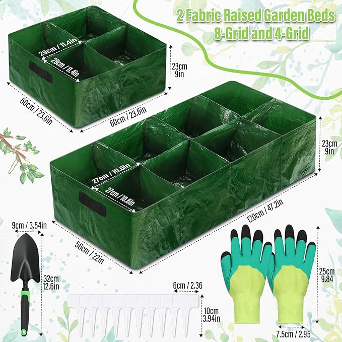Fabric Raised Garden Bed, 2 Pack 8 Grids and 4 Grids, 128 Gallon Rectangle Grow Bags with Drainage Holes, Breathable PE Planting Containers for Outdoor Vegetables Fruits Flowers