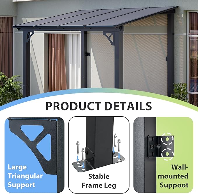 Aoxun 8’x 5’ Premium Gazebo with Aluminum Top Frame & Polycarbonate Panel, Wall Mounted Gazebos Pergola, Outdoor Patio Lean to Gazebo, Awnings with Sloped Roof, for Backyard, Porch, Deck