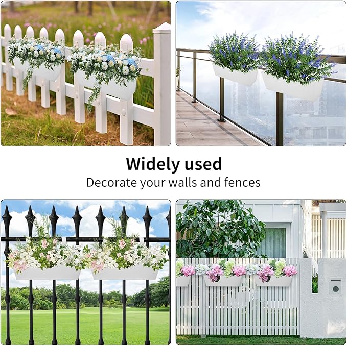 Railing Planters Outdoor Balcony 16 Inch Deck Over The Railing Planter Boxes Hanging Planters for Fence Flower 5 Pcs (White)