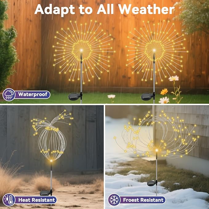 Garden Outdoor Lights, 2 Pack 120 LED Solar Garden Lights Fairy Lights Outdoor Waterproof Decorative Solar Firework Lights for Yard Patio Pathway Flowerbed Party Wedding Decor, Warm White