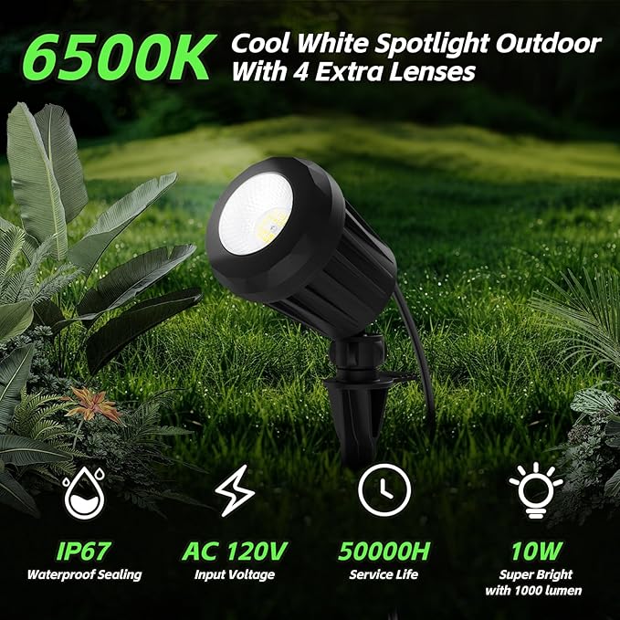Spotlight Outdoor – 120V Plug-In, 6500K Cool White LED Landscape Lighting with RGB Purple 4 Color Lenses for Yard, Garden, Lawn & Tree Decor on Holidays&Everyday, IP67 Waterproof (1 Pack,Black)
