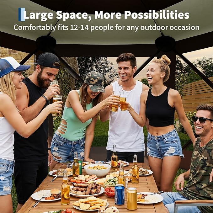 13x13FT 6-Sided Pop Up Gazebo Tent，One-Push Setup Canopy Tent with Removable Canopy Top & Wind Cloths, Outdoor shelter for Camping, Backyard Parties, Outdoor Events - Beige & Khaki