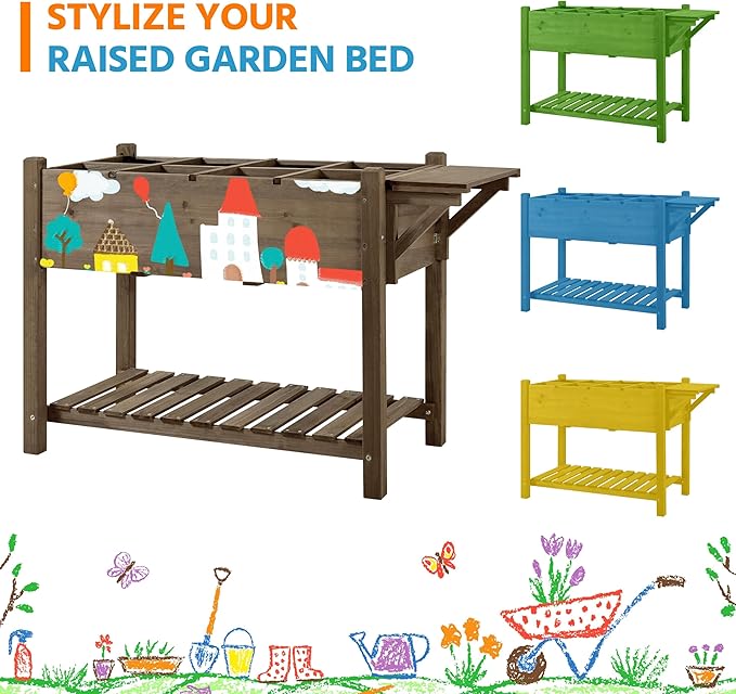 Yaheetech 49x22x32in 8 Pockets Horticulture Raised Garden Bed Elevated Wood Planter Box Stand with Foldable Side Table and Storage Shelf for Herb/Vegetables/Flowers