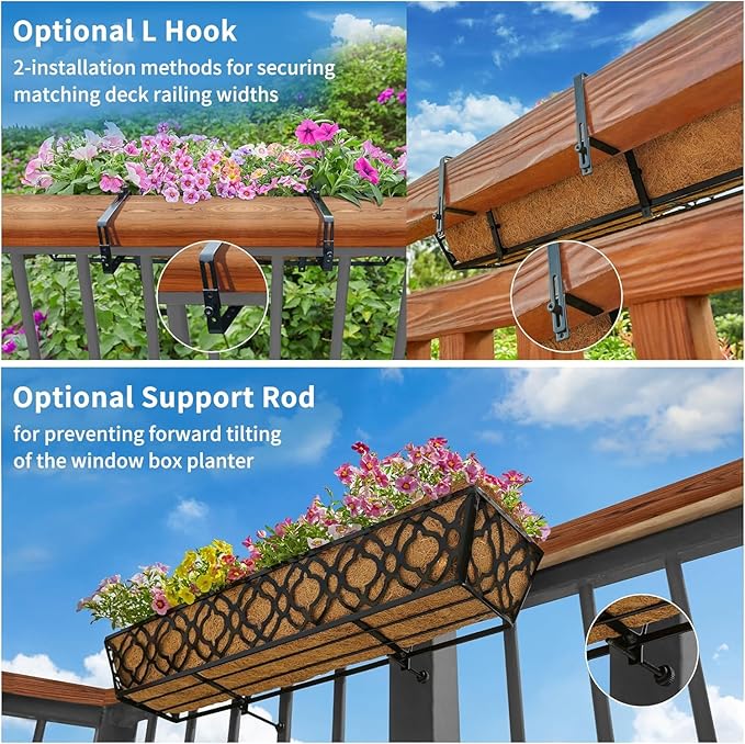 Y&M 30 inch Window Planter Box 4Pcs Iron Window Deck Railing Planter with Coco Liner, Metal Horse Troughs Fence Planter for Outdoor Balcony Rail Fence Porch Patio