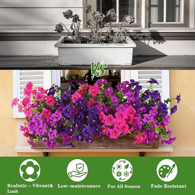 INQCMY Artificial Flowers for Outdoors Fake Plants Spring Decoration, 12 Bundles Faux Petunias UV Resistant No Fade Realistic Silk Flower for Outside Planters Patio Porch Yard Window Box