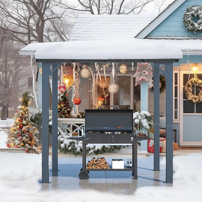 AECOJOY 8' x 5' Grill Gazebo Outdoor Pergola for Patio, 5x8 Lean to Hard Top Grill Gazebo Shelter Pergolas and Gazebos Clearance with Roof, Small Wall-Mounted Heavy Duty Awnings for Patio, Decks