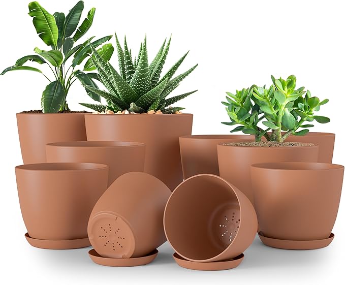 Utopia Home - Plant Pots Indoor with Drainage - 7/6.6/6/5.3/4.8 Inches Home Decor Flower Pots - Plastic Planters for Indoor Plants, Cactus, Succulents Pot (Terracotta, Pack of 10)