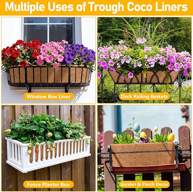 Riare 2 Pack 30 Inch Rectangle Coconut Liners for Planters, Natural Coconut Fiber Planter Liners, Window Box Liner Trough Coco Liner for Outdoor Flower, Garden Wall, Deck & Fence Planter Boxes