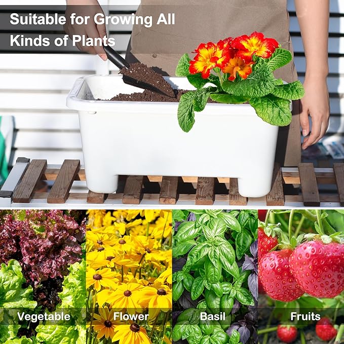 Self-Watering Rectangle Planter Boxes 8-Pack, 15.7-Inch Window Box Planter with Drainage Holes & Trays, Pots for Vegetables, Herbs, Flowers, Garden Windowsill Balcony (White)