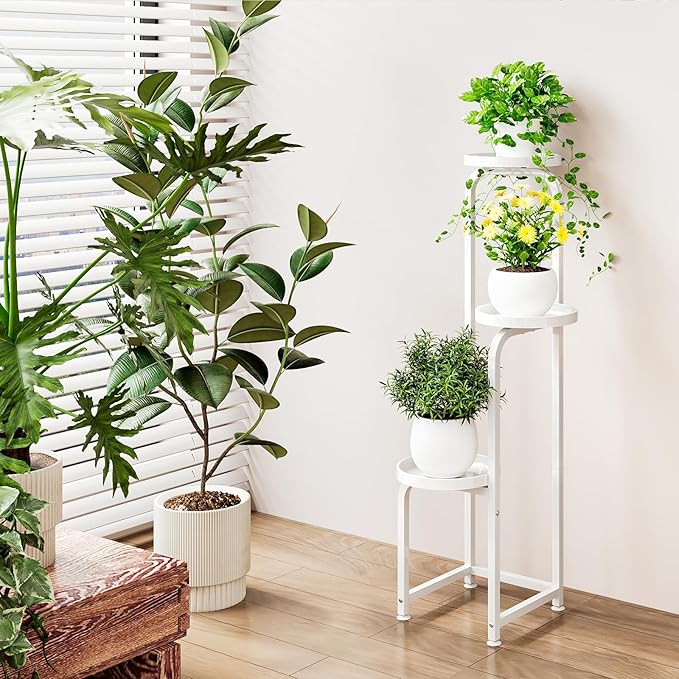 Plant Stand Indoor Outdoor 3 Tier Metal Plant Shelf for Multiple Plants Corner Flower Holders for Living Room Balcony Bedroom Patio Garden, Black (White, 3-Tier)