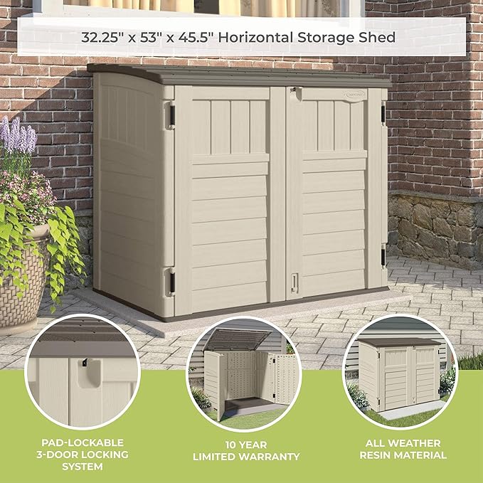 Suncast 34 Cu Ft Horizontal Resin Plastic Storage Shed - Outdoor Storage Shed with Floor Included, Lockable, Weatherproof, Fits Small to Medium Trash Cans, Generators, & Garden Tools, Vanilla Stoney
