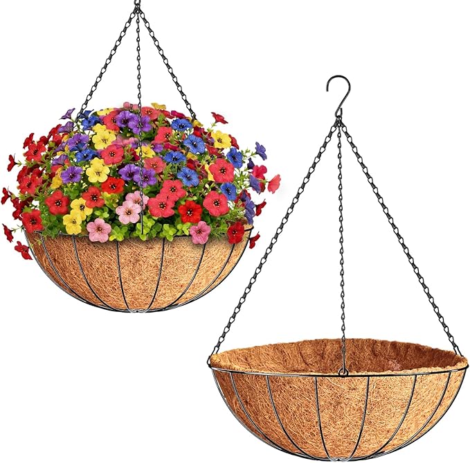 ZeeDix 2 Pack 20 Inch Large Hanging Baskets for Plants Outdoor with Coconut Liners Replacement, Hanging planters Baskets with Natural Coco Liner for Outdoor Indoor Planters Flowers Vegetables