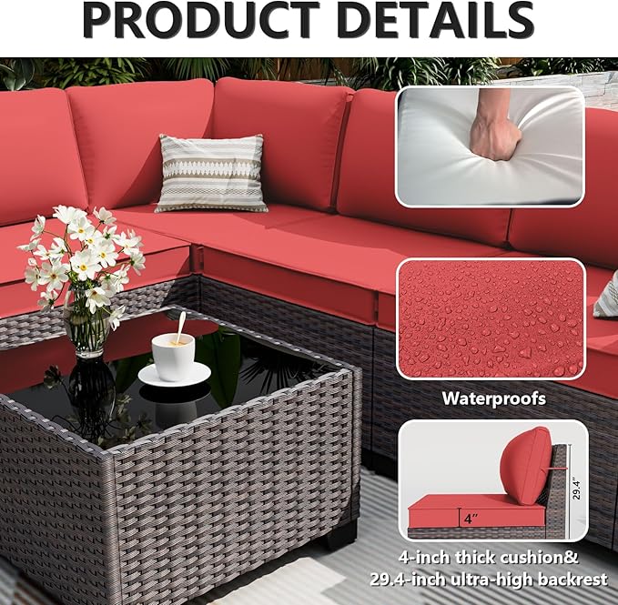 ALAULM 12 Pieces Outdoor Patio Furniture Set Sectional Sofa Sets Brown PE Rattan Patio Conversation Set w/10 Rose Red Seat Cushions and 2 Coffee Tables