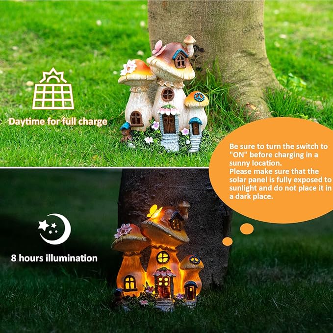 Solar Garden Statue Lights Mushroom Mothers Day Decorations Fairy House Figurine Lights, Outdoor Memorial Garden Ornaments Waterproof Decoration for Outside Patio Yard Lawn Decor