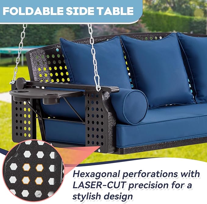 3 Seat Porch Swing, Patio Swing Bench with Cup Holders & 3 Back Cushions, Swing Chair with Chains for Deck Garden Backyard,Blue
