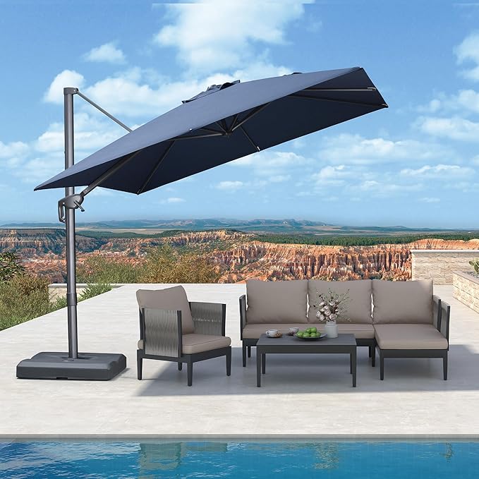 PURPLE LEAF Patio Umbrella 9' X 9' Rectangle Cantilever Umbrella Large Aluminum Outdoor Umbrellas with 360-degree Rotation & UPF40+ Premium Fabric for Deck Pool Garden Yard, Ocean Slate