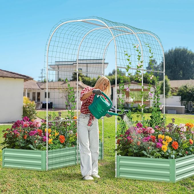 DoCred 3 in 1 Raised Garden Bed with 87in Tall Arch Trellis for Climbing Plants, Galvanized Planter Garden Box Outdoor for Gardening, Climbing Vegetables, Flower, Green