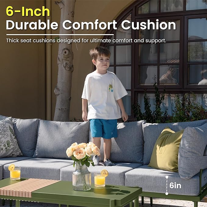 Sundale Outdoor 7 Pieces Patio Furniture Set with Fire Pit Table, L-Shaped Outdoor Sectional Sofa with 6 Inch Olefin Cushion, All-Weather Modern Metal Outdoor Conversation Sets for Backyard, Poolside