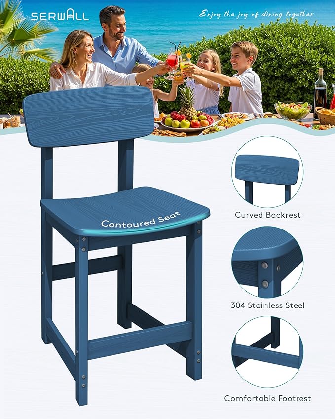 SERWALL 3-Piece Outdoor Counter Height Bar Set, HDPE Patio Bar Table with Wine Rack & Storage Shelf, 2 All-Weather Bar Stools, Patio Bar Dining Furniture Set for 3, Blue