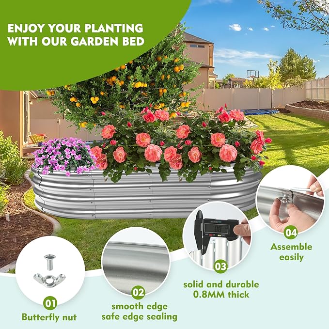 5X2.7X1 FT Oval Galvanized Metal Garden Raised Bed/Plant Box for Planting,32 Inches Diameter Iron Fire Pit Ring,Small Animal Fence-3 in 1 Modular Design in Black (Silver, 60X32X11.5 Inches)