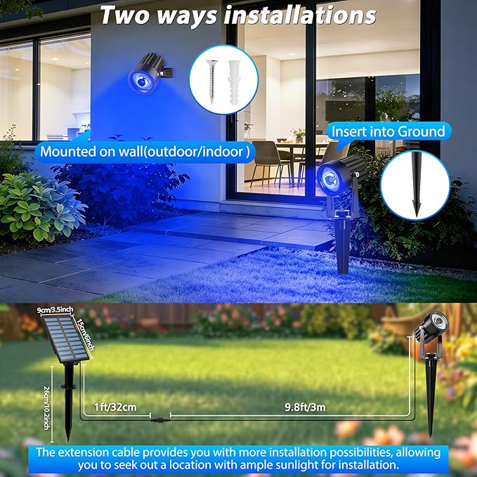 T-SUNUS Solar Spot Lights Blue Metal Outdoor Christmas Spotlights with 9.8ft Cable, IP65 Waterproof Separated Panel for Yard Driveway Pathway Pool Tree Patio Landscaping Wall Flag Trees Halloween