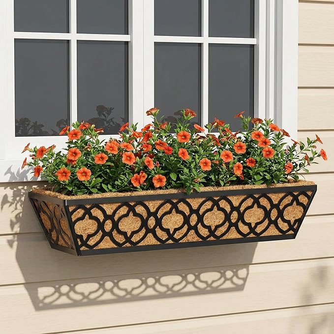 Y&M 24in Window Planter Box 4Pcs Iron Railing Planter with Coco Liner for Outdoor Balcony Rail, Fence, Porch, Patio