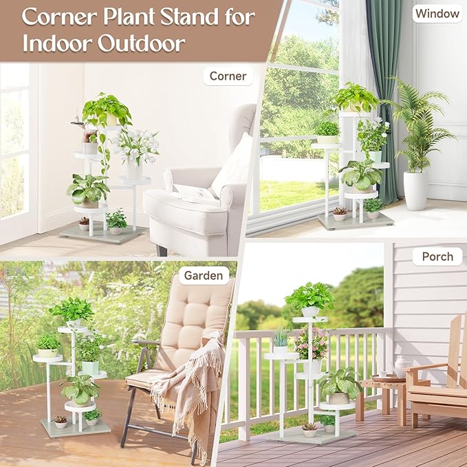 iDavosic.ly 4 Tier Plant Stand Indoor, Tiered Corner Flower Holder Shelf Outdoor, Metal Tall Orchid Display Rack for Patio Porch Garden Balcony Office Living Room, Space Saving, White
