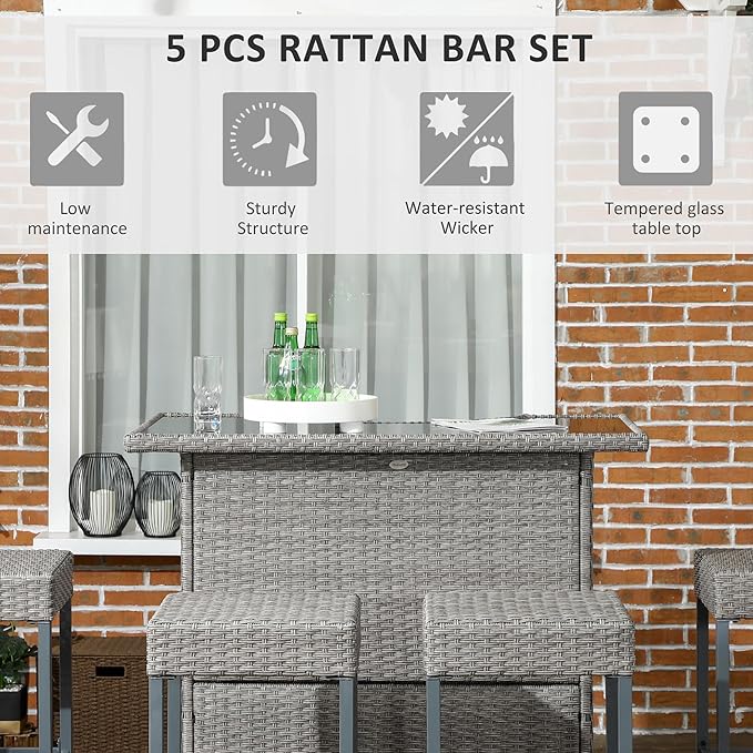 Outsunny 5 Piece Wicker Outdoor Bar Set, High Top Outdoor Table and Chairs, Bar Height Patio Set with Glass Table Top 2 Tier Storage Shelf and 4 Bar Stools for Garden, Poolside, Gray