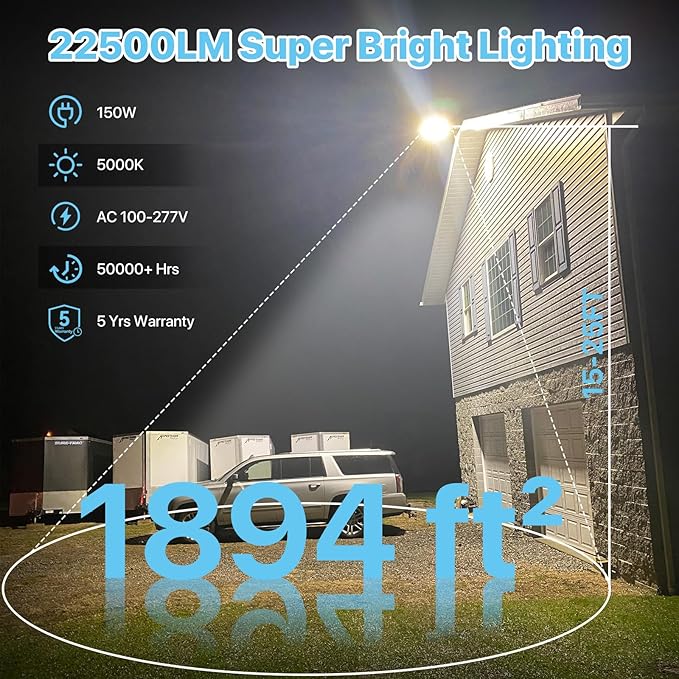 LED Parking Lot Light 150W - Motion Sensor Outdoor Lights UL Listed - 5000K 22500lm Led Flood Security Light with Photocell - Wall Mount Commercial Street Area Light for Yard Barn Garage - 100-277V