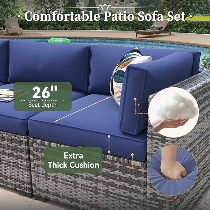 Aoxun 15 Piece Patio Furniture Set with 44” Fire Pit Table Wicker Rattan Outdoor Sectional Sofa Set with Coffee Table and Thickened Cushions, Grey/Blue (Waterproof Cover Included)