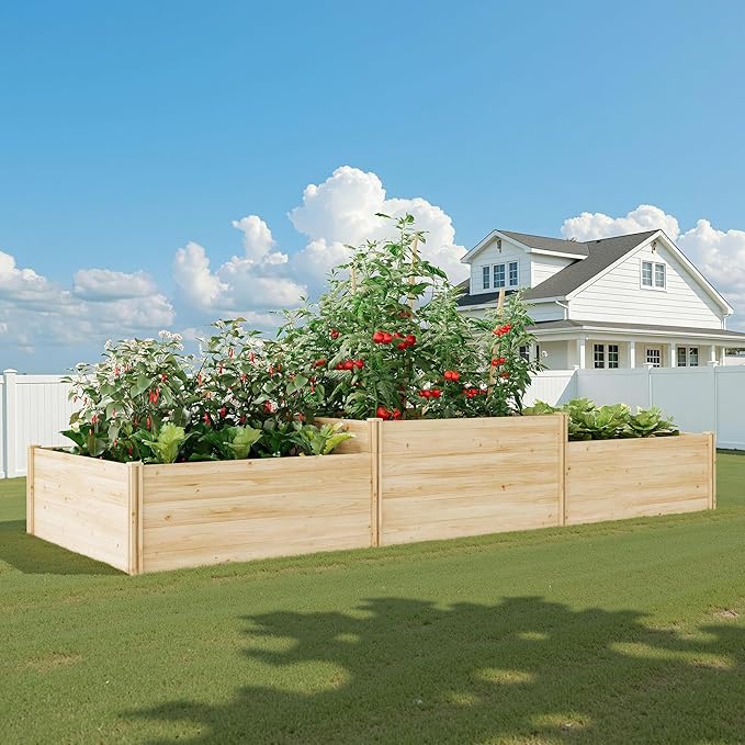 AMERLIFE 2 Tier Raised Garden Bed, Mortise & Tenon Structure 23 Inch Depth Fir Wood Planter Box, 3-Section with Open Base, Ideal for Vegetables, Flowers, Herbs in Backyard/Garden/Patio, 142x49x24 in